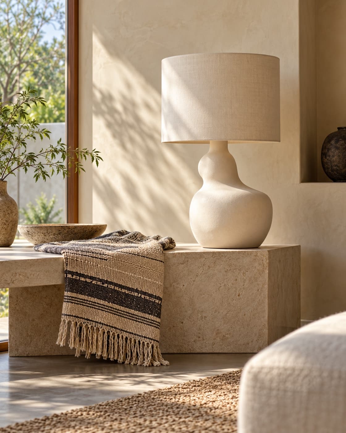 Sculptural ceramic lamp in a thoughtfully styled home